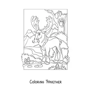 Coloring page of a moose in the forest