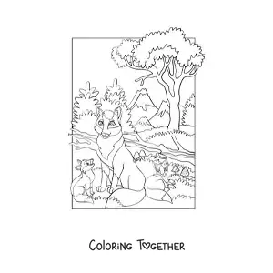 Coloring page of a litter of wolves in the forest