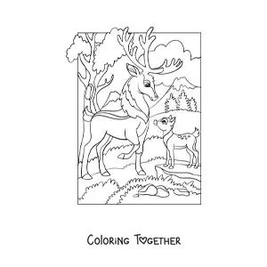Coloring page of an adult deer and a little deer in the forest