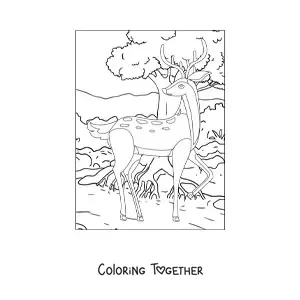 Coloring page of a deer in the forest