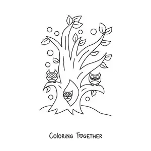 Coloring page of several owls inside a tree in the forest