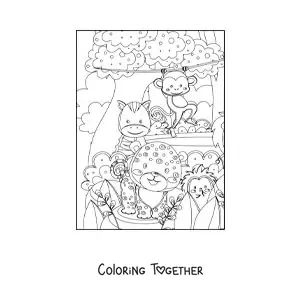 Coloring page of several kawaii jungle animals