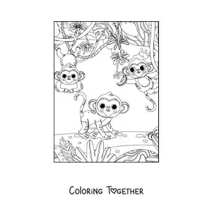 Coloring page of three kawaii monkeys in the jungle