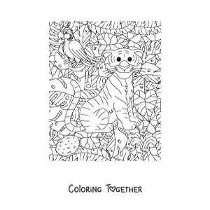 Coloring page of a tiger cub in the jungle