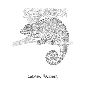 Coloring page of a mandala with a chameleon design in the jungle