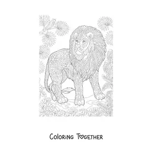 Coloring page of a mandala with an African jungle lion design