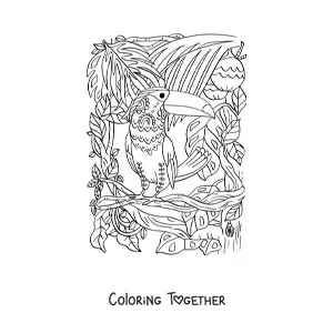 Coloring page of a toucan in the tropical rainforest