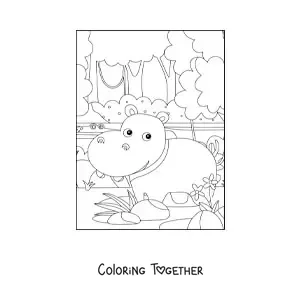 Coloring page of a cartoon wild hippopotamus