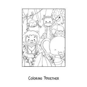 Coloring page of several kawaii African jungle animals