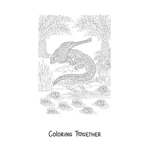 Coloring page of a mandala with a tropical jungle caiman design