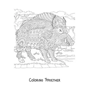 Coloring page of a mandala with a wild boar design