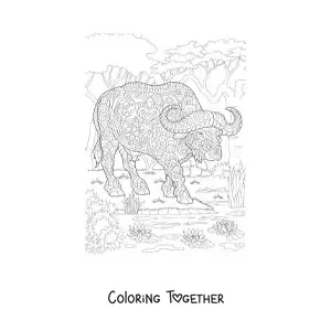 Coloring page of a mandala with a wild buffalo design