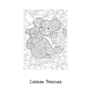 Coloring page of a mandala with two koalas in the jungle