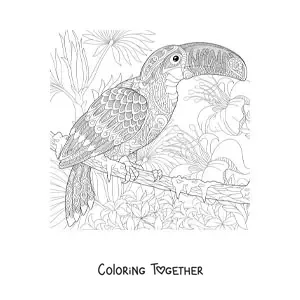 Coloring page of a mandala with a toucan design in the jungle