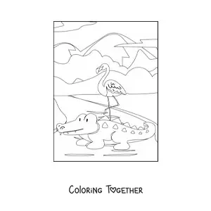 Coloring page of a wild flamingo and crocodile beside a lake