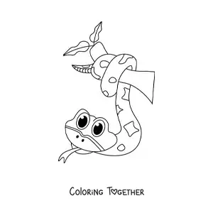 Coloring page of a kawaii snake hanging from a tree branch