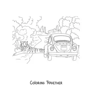 Coloring page of a wild tiger next to a car on a road through the jungle