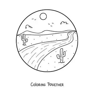 Coloring page of a road in the desert