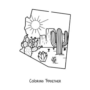 Coloring page of a map of Arizona with a desert drawing