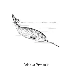 Coloring page of a narwhal swimming in the sea