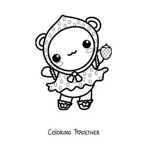 Coloring page of a cartoon kawaii bear dressed up as a strawberry