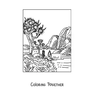 Coloring page of a landscape with desert vegetation