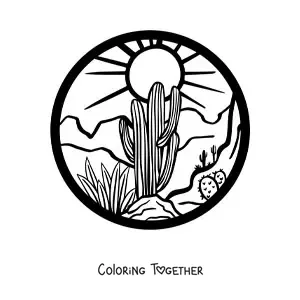 Coloring page of a landscape with desert plants