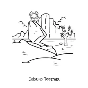 Coloring page of a rocky desert landscape