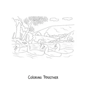 Coloring page of a lake with swans