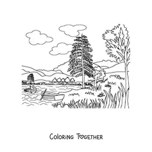 Coloring page of a landscape with a lake