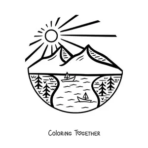 Coloring page of a lake in the mountains