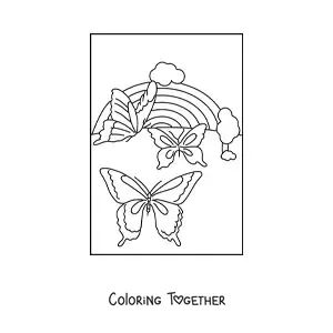 Coloring page of a rainbow with 3 big butterflies and clouds