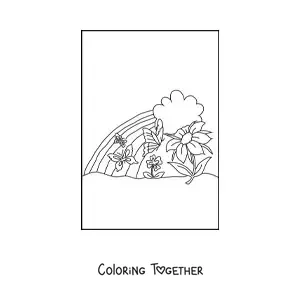 Coloring page of a rainbow with 2 flowers, 3 small butterflies and a cloud