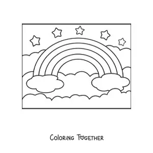 Coloring page of a big rainbow with clouds and stars