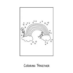 Coloring page of 2 girls on clouds at the ends of a rainbow surrounded by hearts