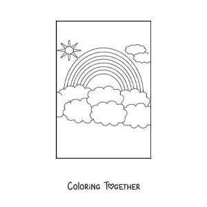 Coloring page of a big rainbow surrounded by clouds and the Sun