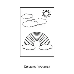 Coloring page of a pretty rainbow with a background of clouds and the Sun