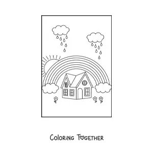 Coloring page of a rainbow over a house, with 2 clouds raining and a Sun