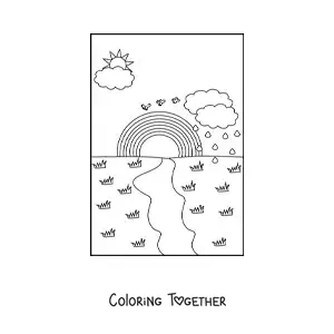 Coloring page of a landscape with a rainbow, rain and the Sun