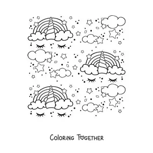 Coloring page of a rainbow pattern shaped like a unicorn, with clouds and stars