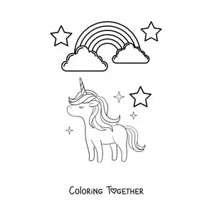 Coloring page of a rainbow with a unicorn and stars