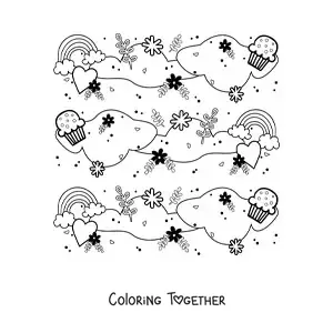 Coloring page of a pattern of cute rainbows with clouds, cupcakes, hearts, flowers and leaves