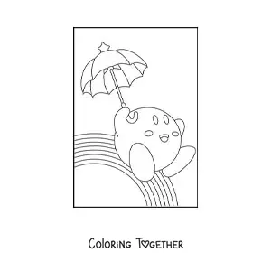 Coloring page of Kirby with an umbrella on top of a rainbow