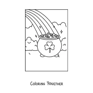 Coloring page of a pot of gold with a clover pattern at the end of a rainbow