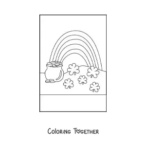 Coloring page of a rainbow with a pot of gold and 5 clovers