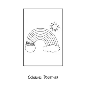 Coloring page of a rainbow with the Sun, a cloud and a pot of gold