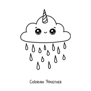 Coloring page of a kawaii unicorn cloud with rain