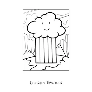 Coloring page of a cartoon cloud with a rainbow, mountains and a city in the background