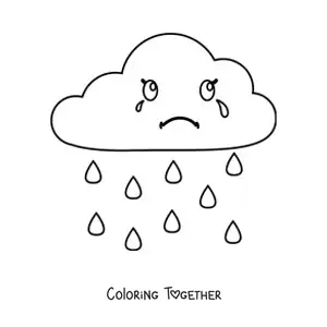 Coloring page of a cartoon cloud crying with rain