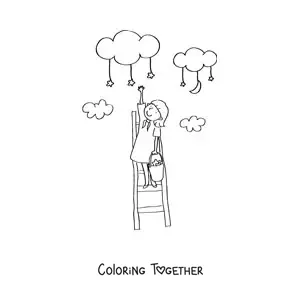 Coloring page of a girl on a ladder reaching the clouds and collecting stars